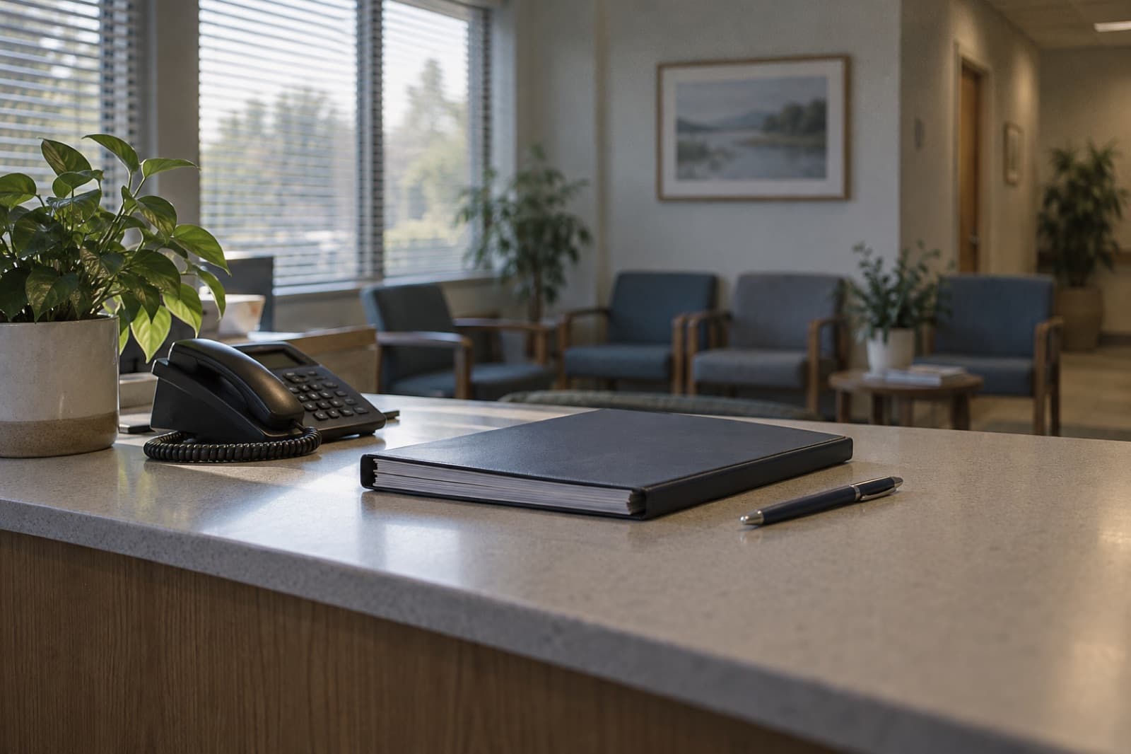 A bright clinic front desk with a waiting area behind it. Illustrative image.