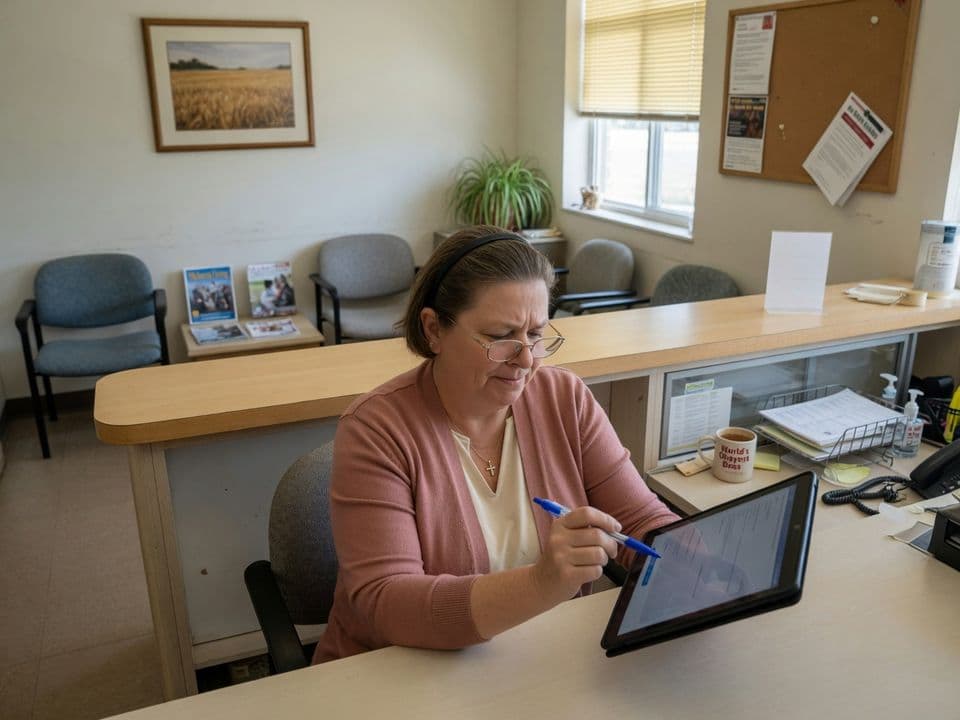 A clinic office manager at the front desk reviewing a draft on a tablet before signing off