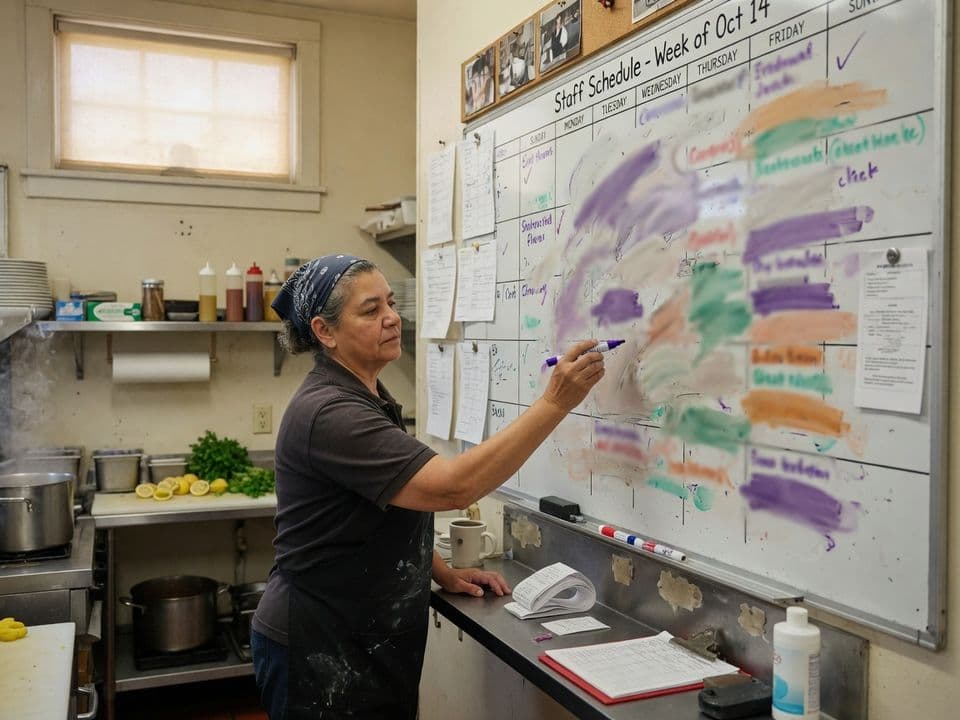 A restaurant owner marking the week's tasks on a kitchen whiteboard before service