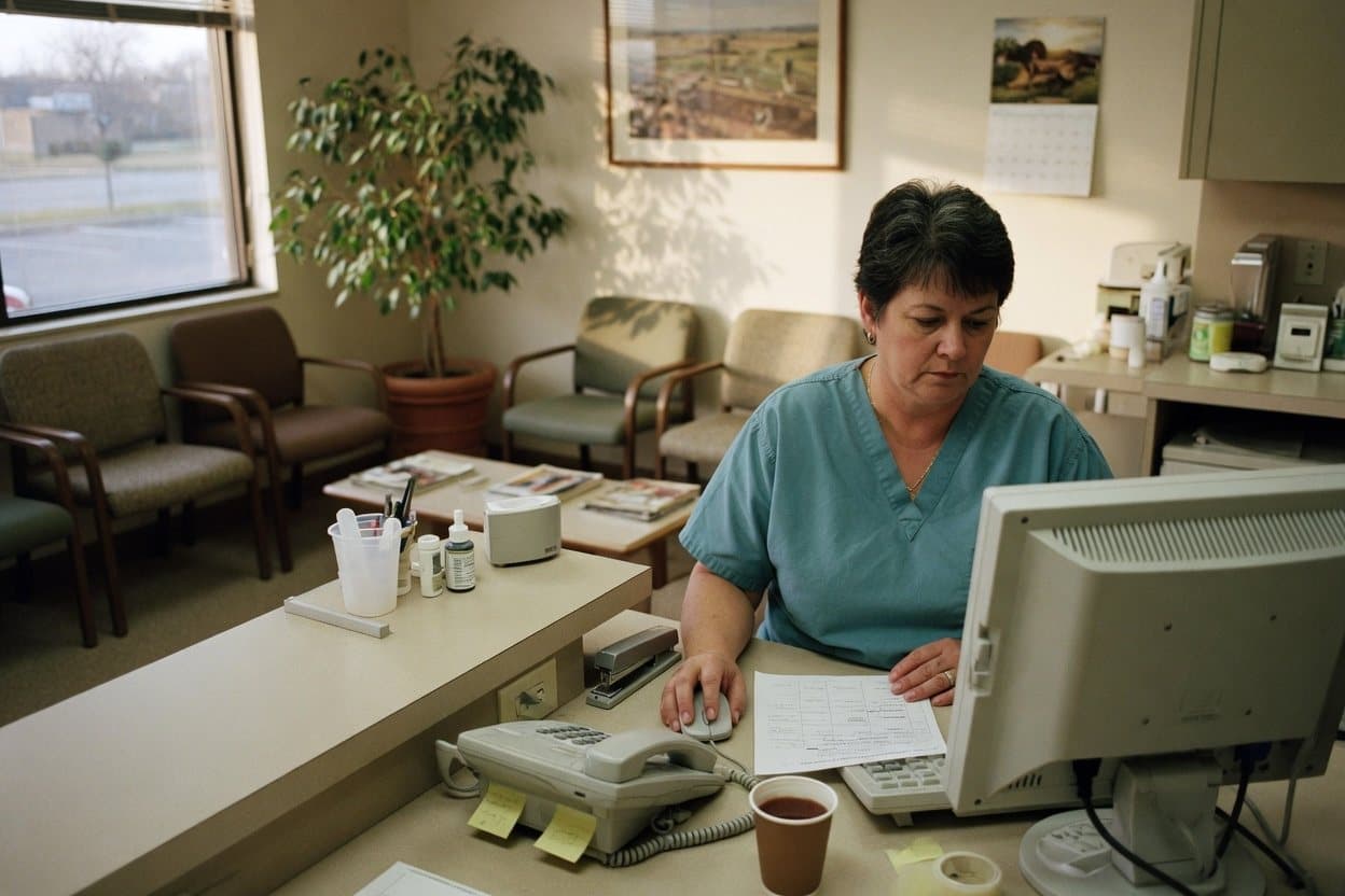 A receptionist in scrubs at the front desk of a small dental office, with the waiting room behind her