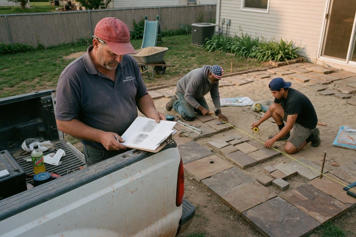 A contractor reading a printed proposal at his truck while two crew members lay patio stones