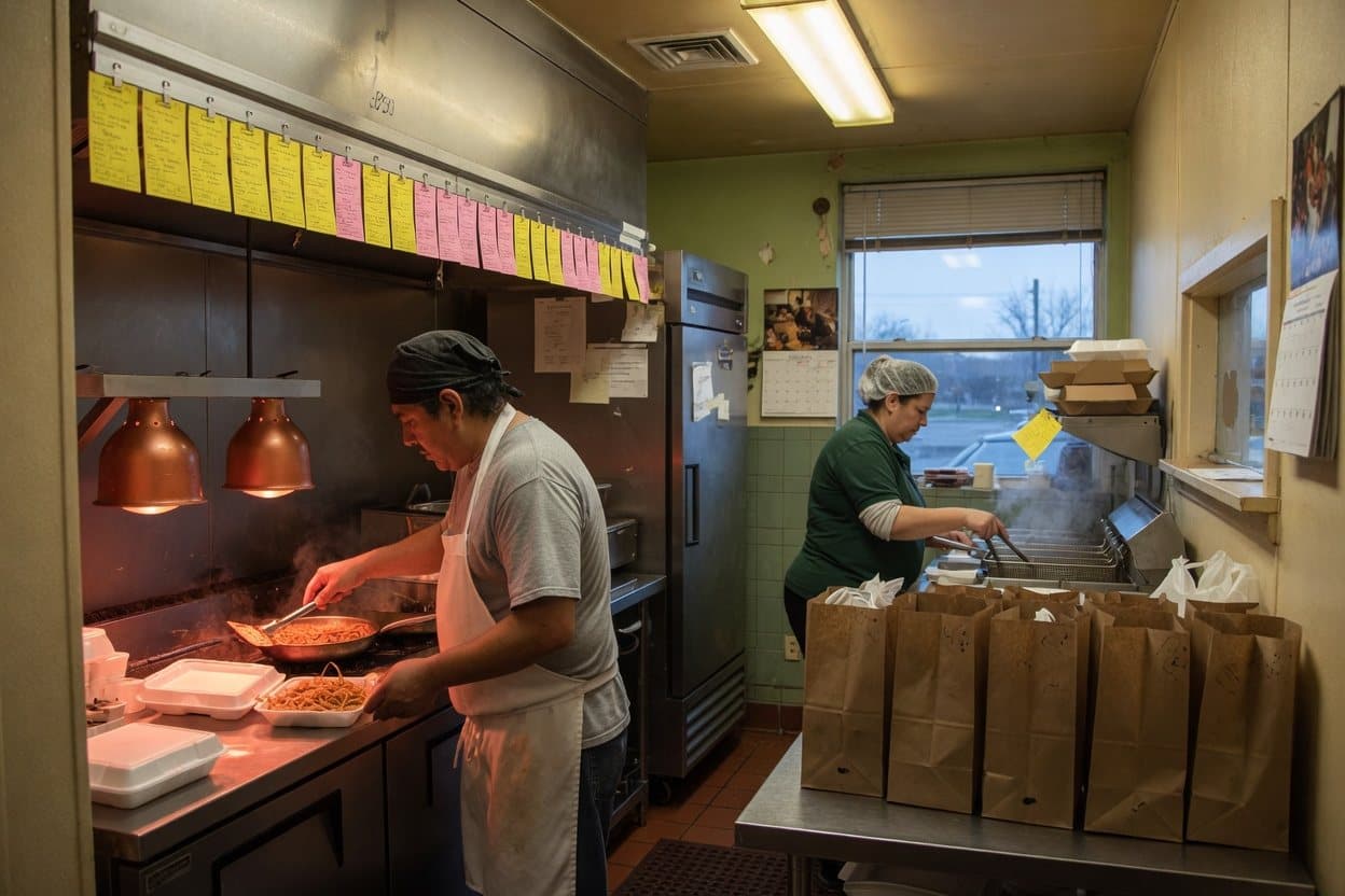 Two cooks in a small takeout kitchen, with order tickets on the rail and paper bags lined up for pickup