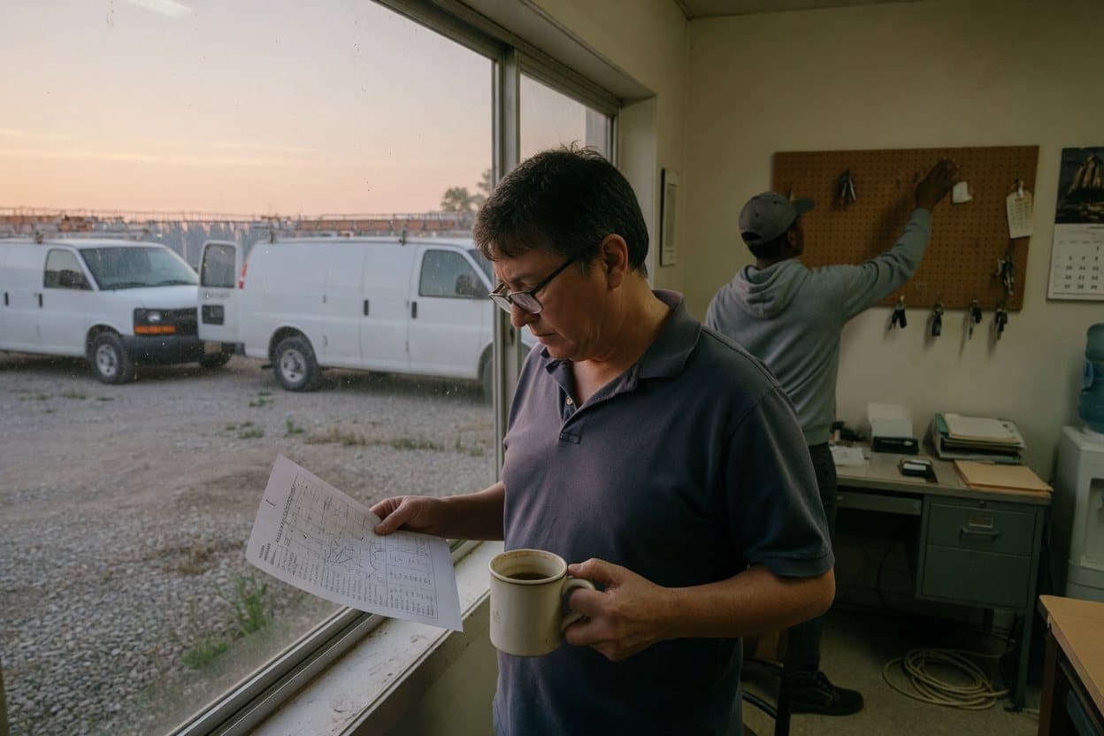 A home services owner reading the morning summary by the window as a crew member collects van keys