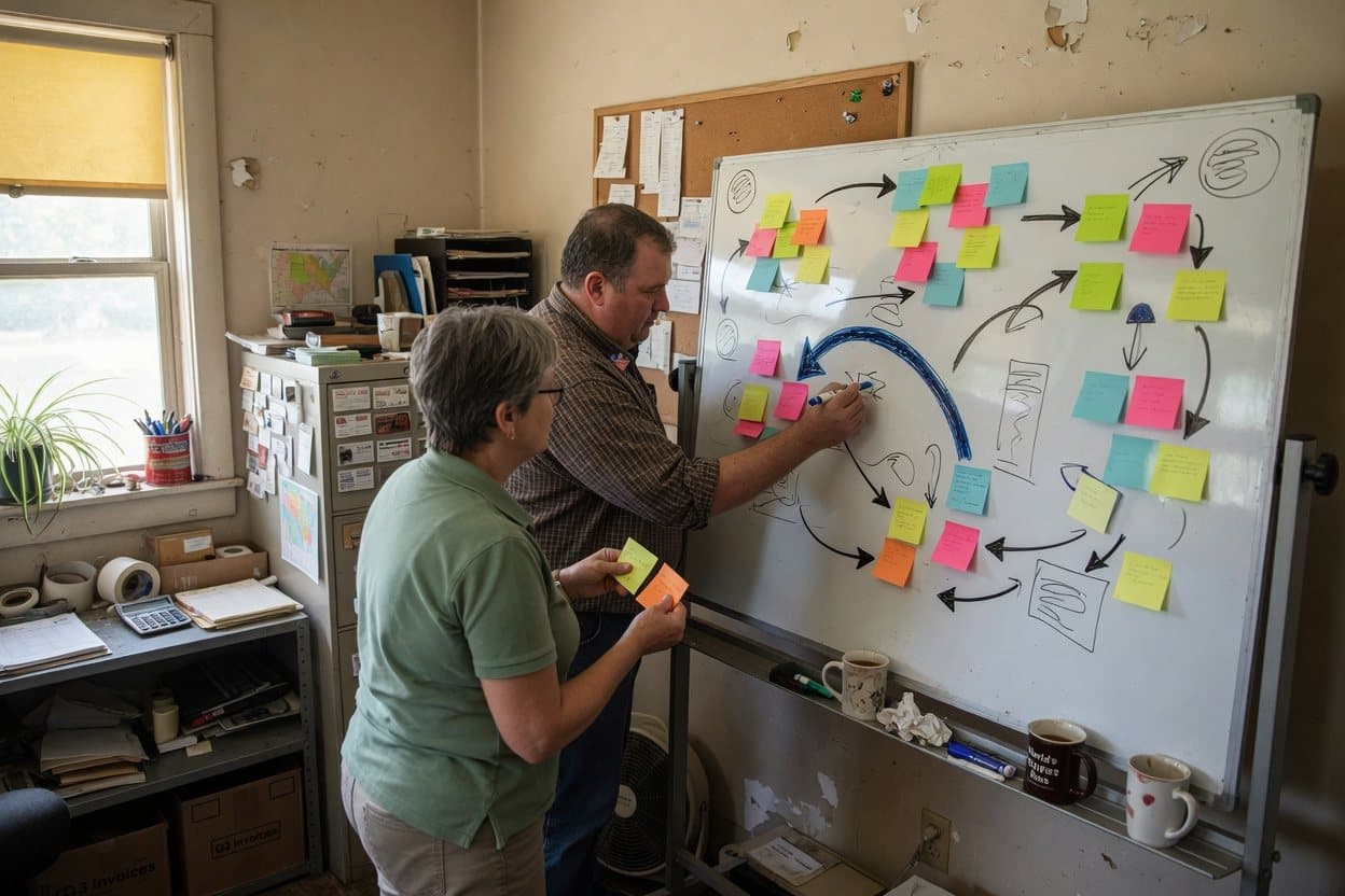 An owner and a consultant mapping a process with sticky notes on a whiteboard in a back office