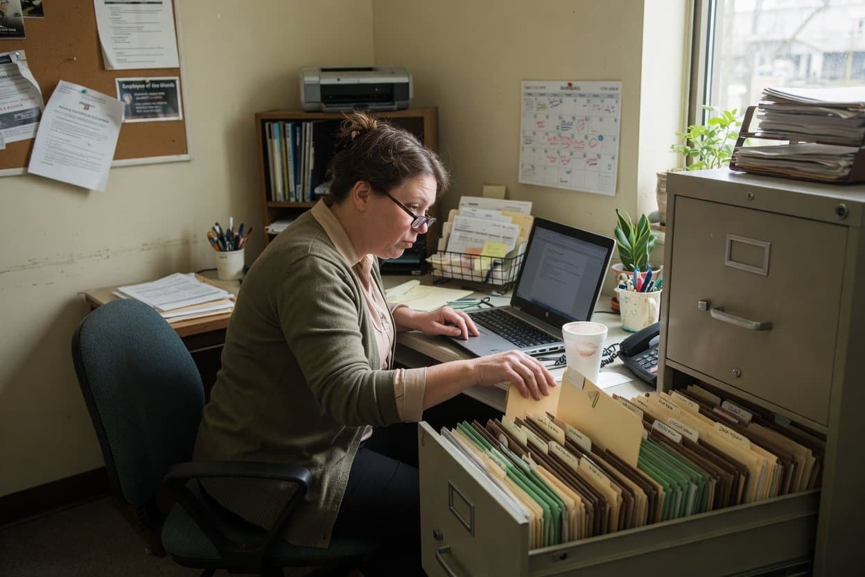 An office manager at a laptop beside an open filing cabinet, choosing which folders to share