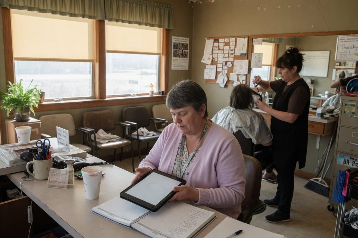 A salon receptionist reviewing a draft on a tablet while a stylist works behind her
