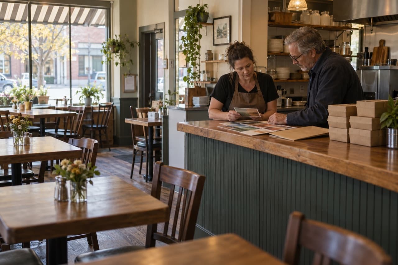 A restaurant owner and a print vendor compare postcard samples at a counter.