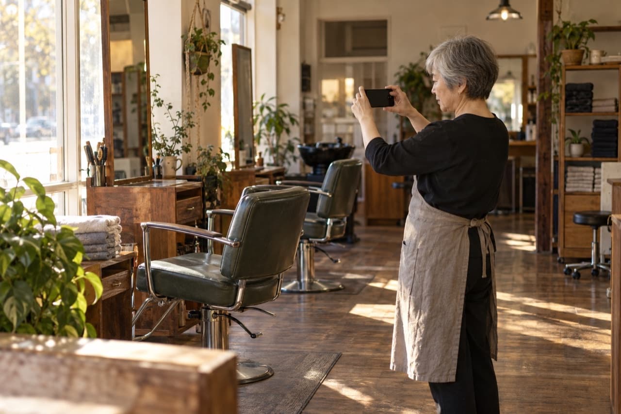 A salon owner takes a photograph of the shop interior before opening.
