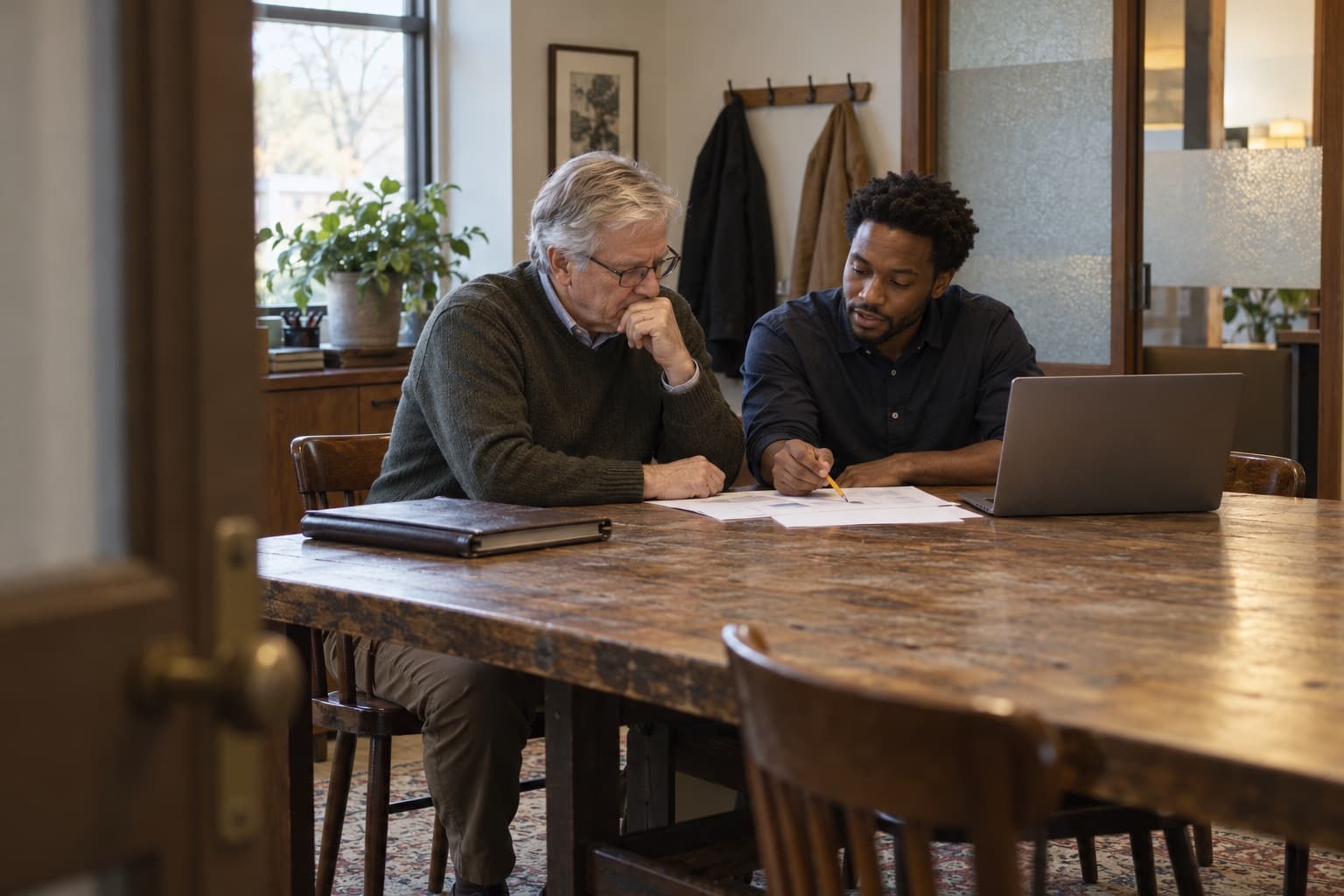 Two people review a printed report beside a laptop in a small accounting office.