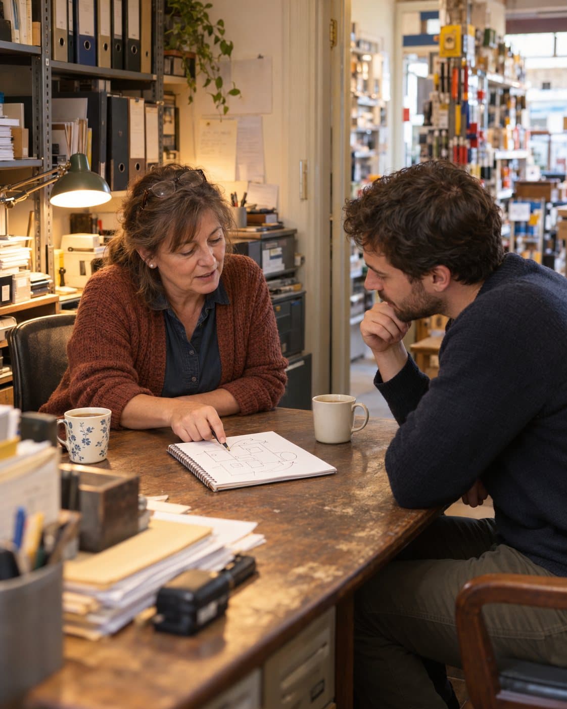 A store owner and a consultant talk through a hand-drawn process sketch at a desk