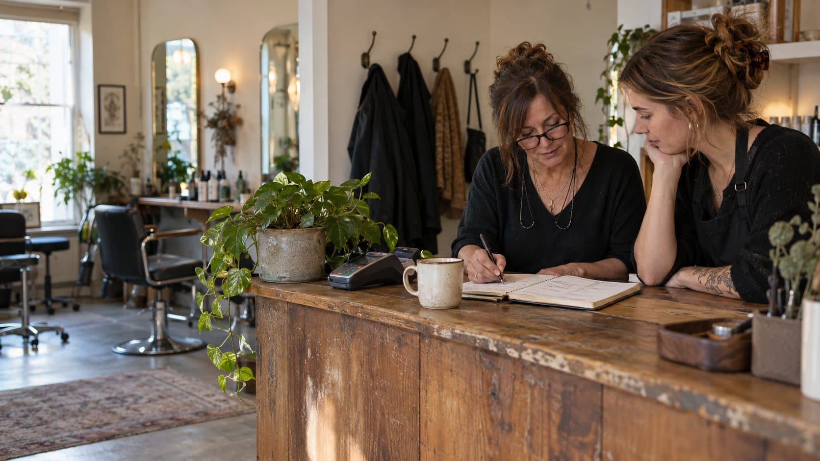 A salon receptionist writes in a paper appointment book while a stylist leans on the counter beside her