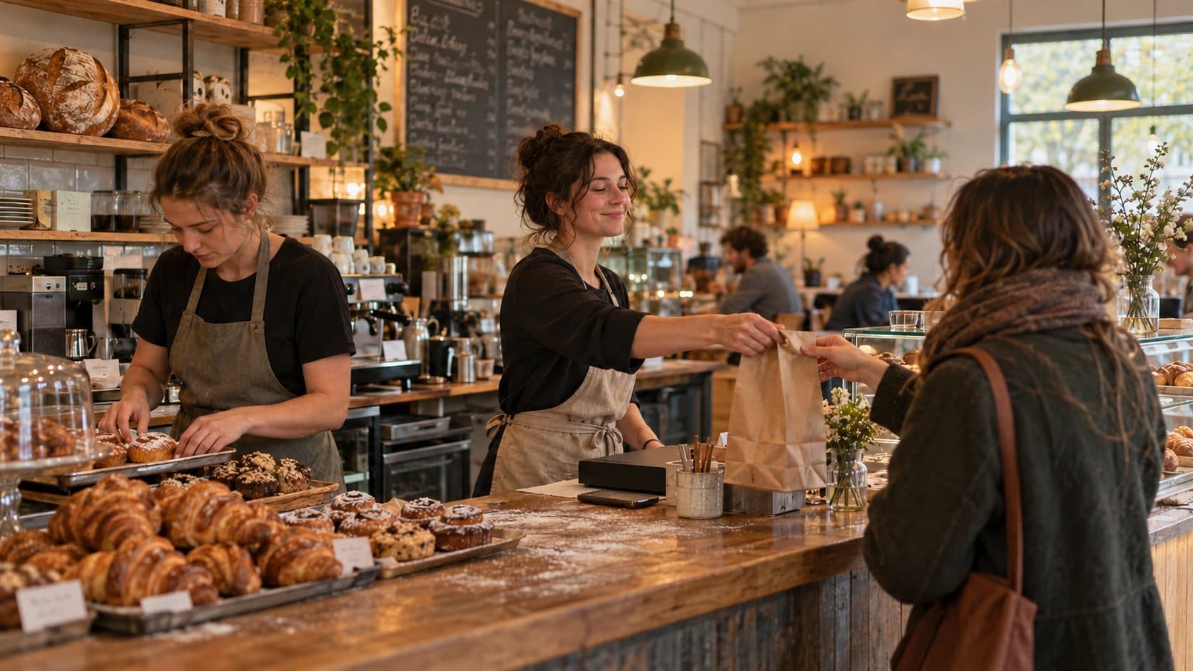 A neighbourhood bakery during morning service, one employee handing a bag across the counter