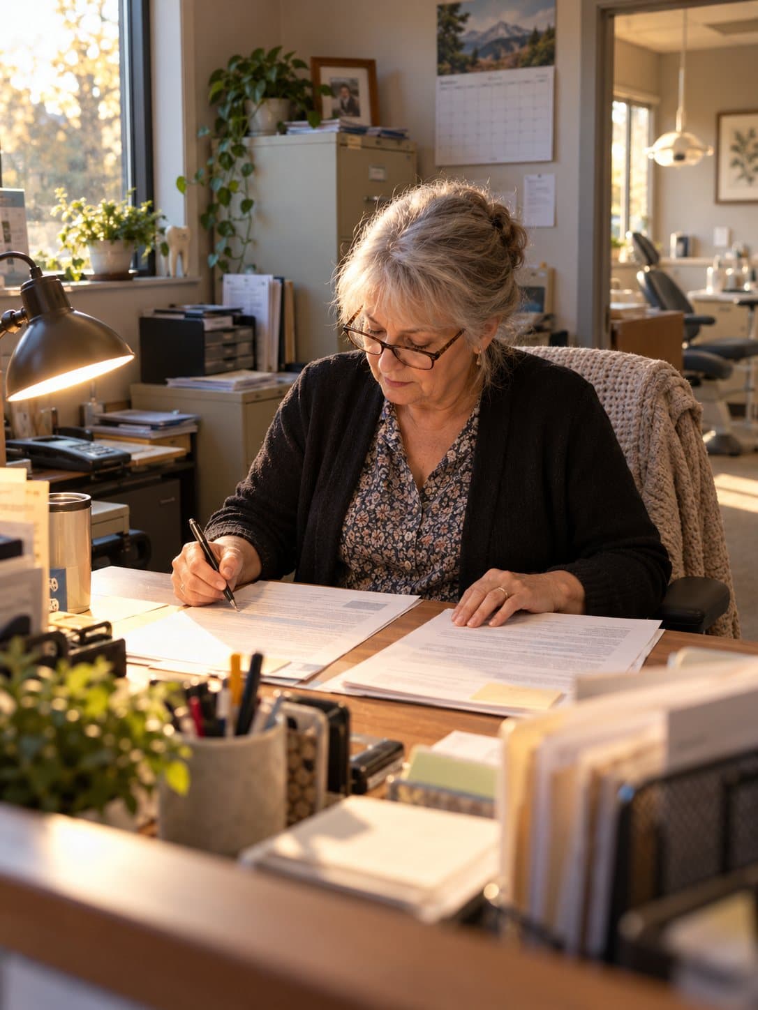 An office manager checks a printed draft line by line against a second page