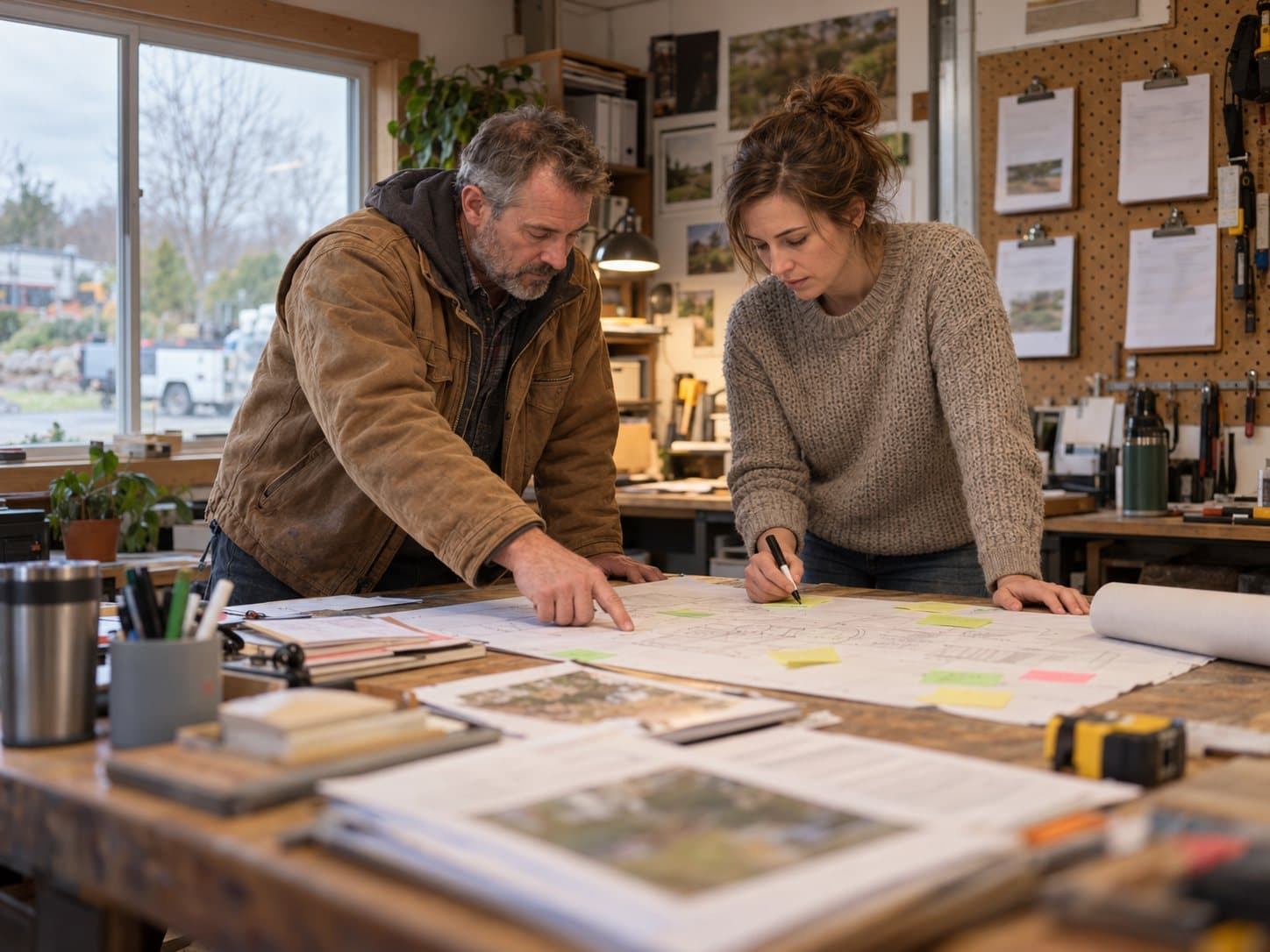An owner and an office manager map the steps of a job with sticky notes on printed job sheets