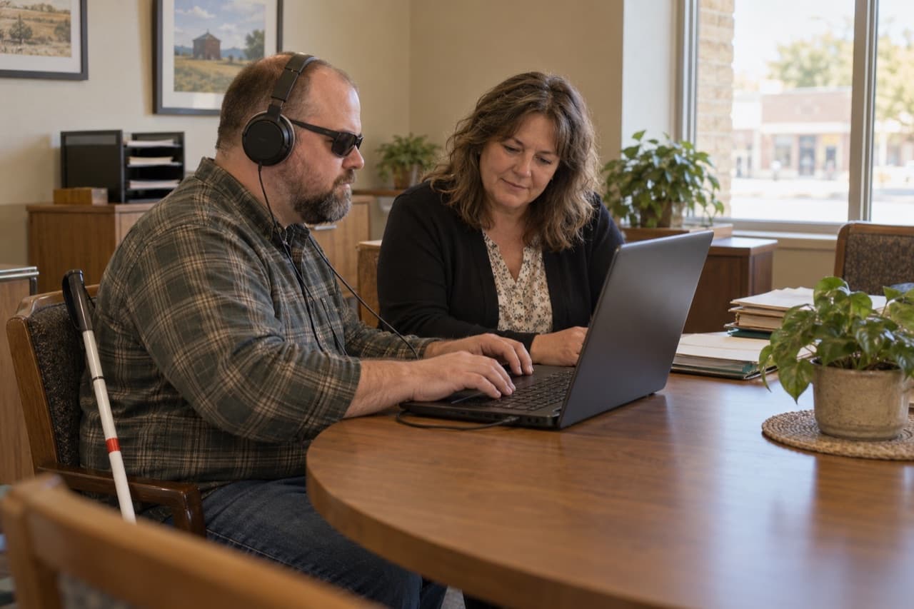 A man wearing headphones uses a laptop keyboard while a woman observes beside him.