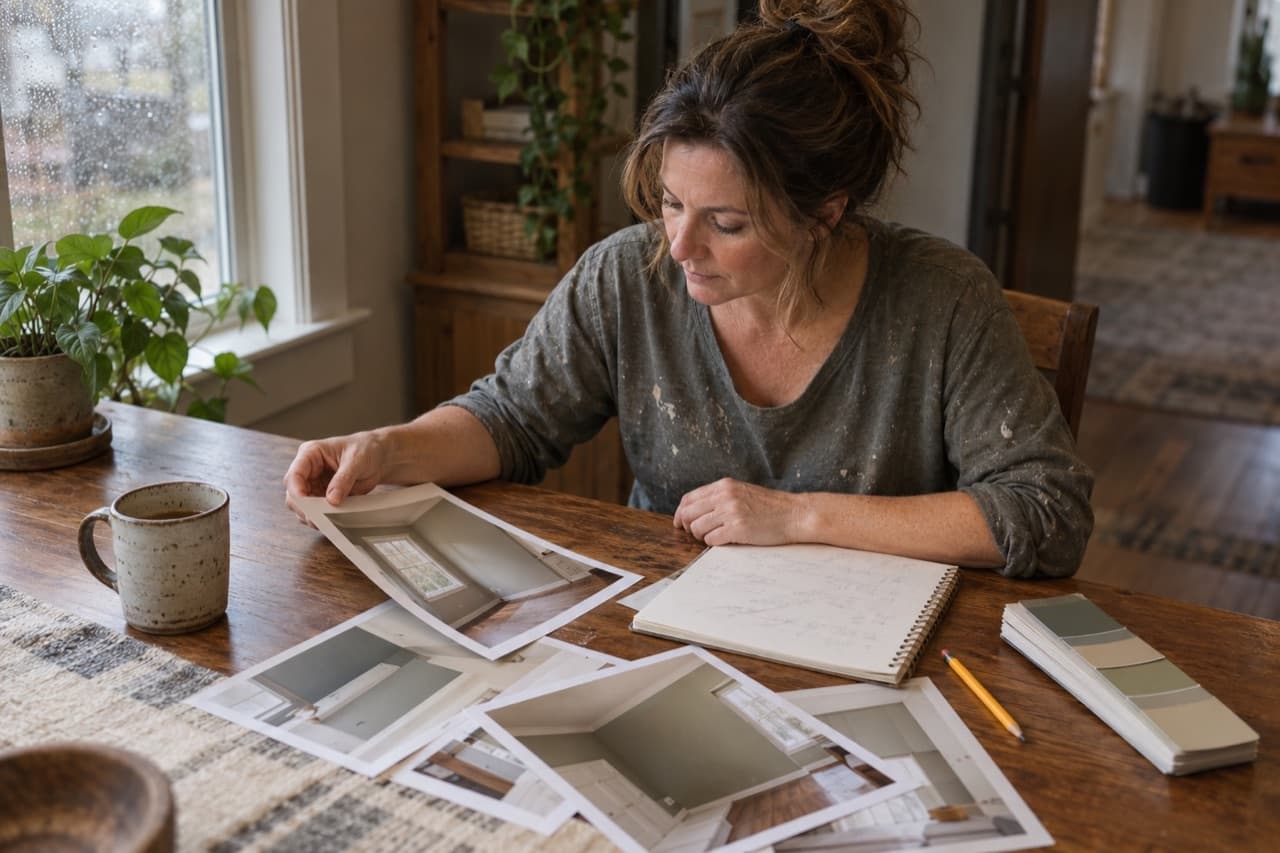 A painting contractor reviews project photographs and notes at a kitchen table.