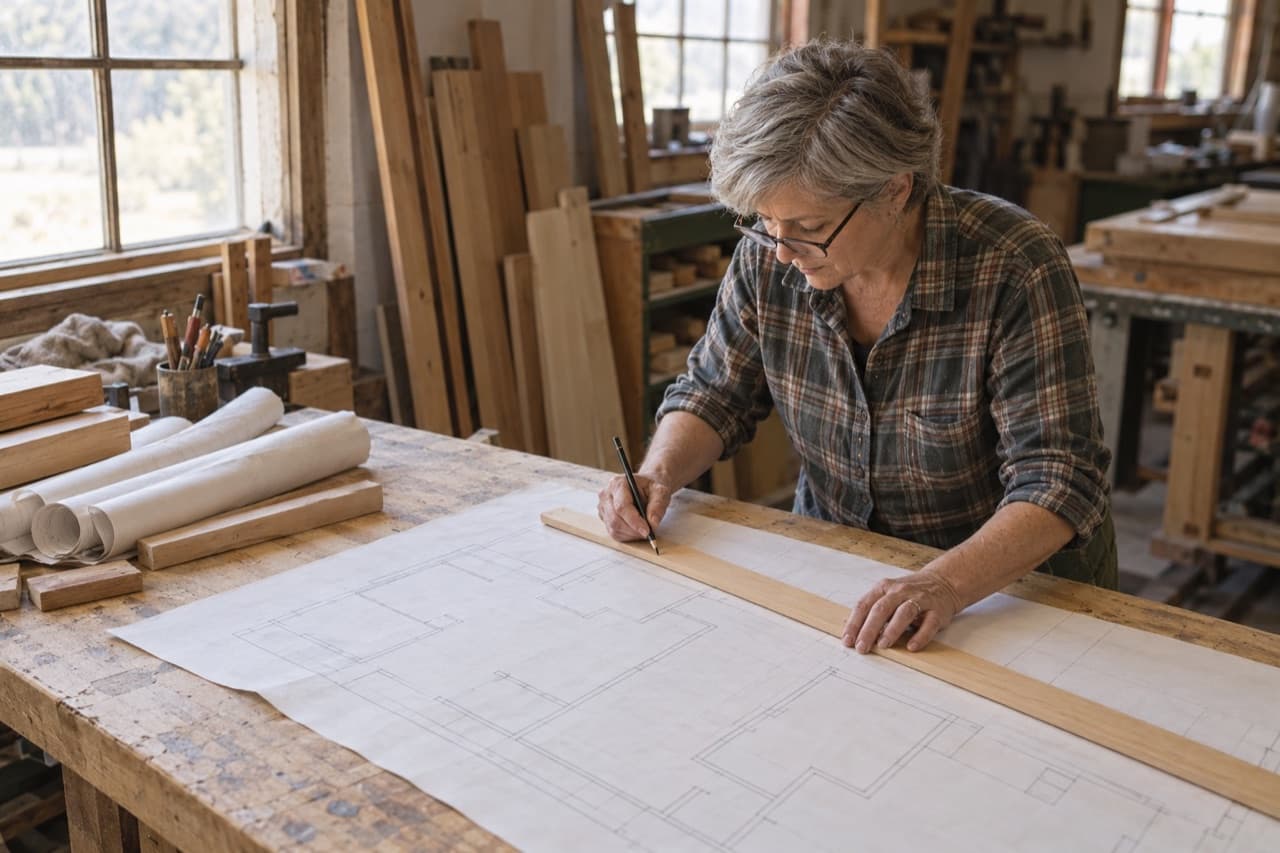 A woman checks a floor plan with a straightedge at a carpentry shop's drafting table.