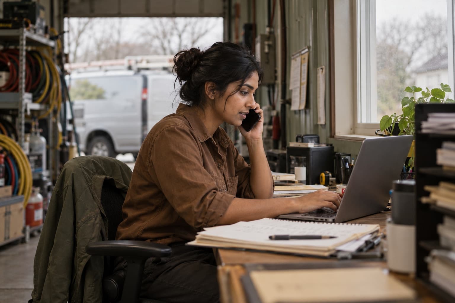 A woman reviews a laptop while taking a phone call in a heating and cooling company's office.