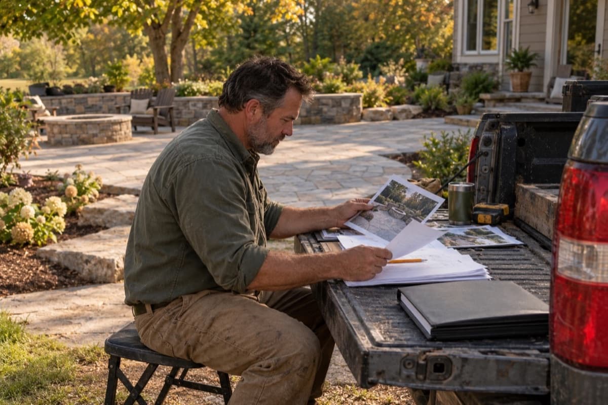 A contractor reviews papers and patio photographs on the tailgate of a pickup truck.