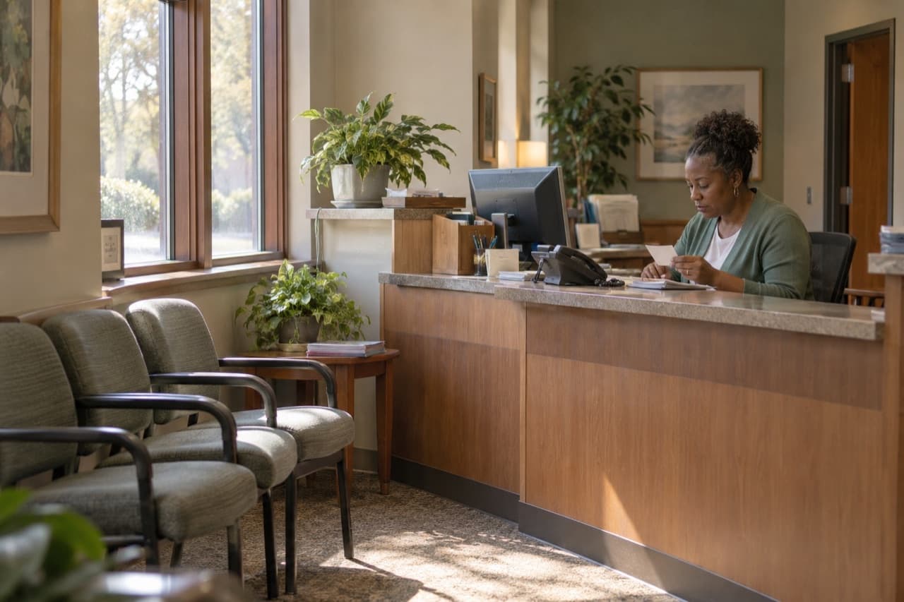 A clinic receptionist checks paper messages beside a telephone at the front counter.