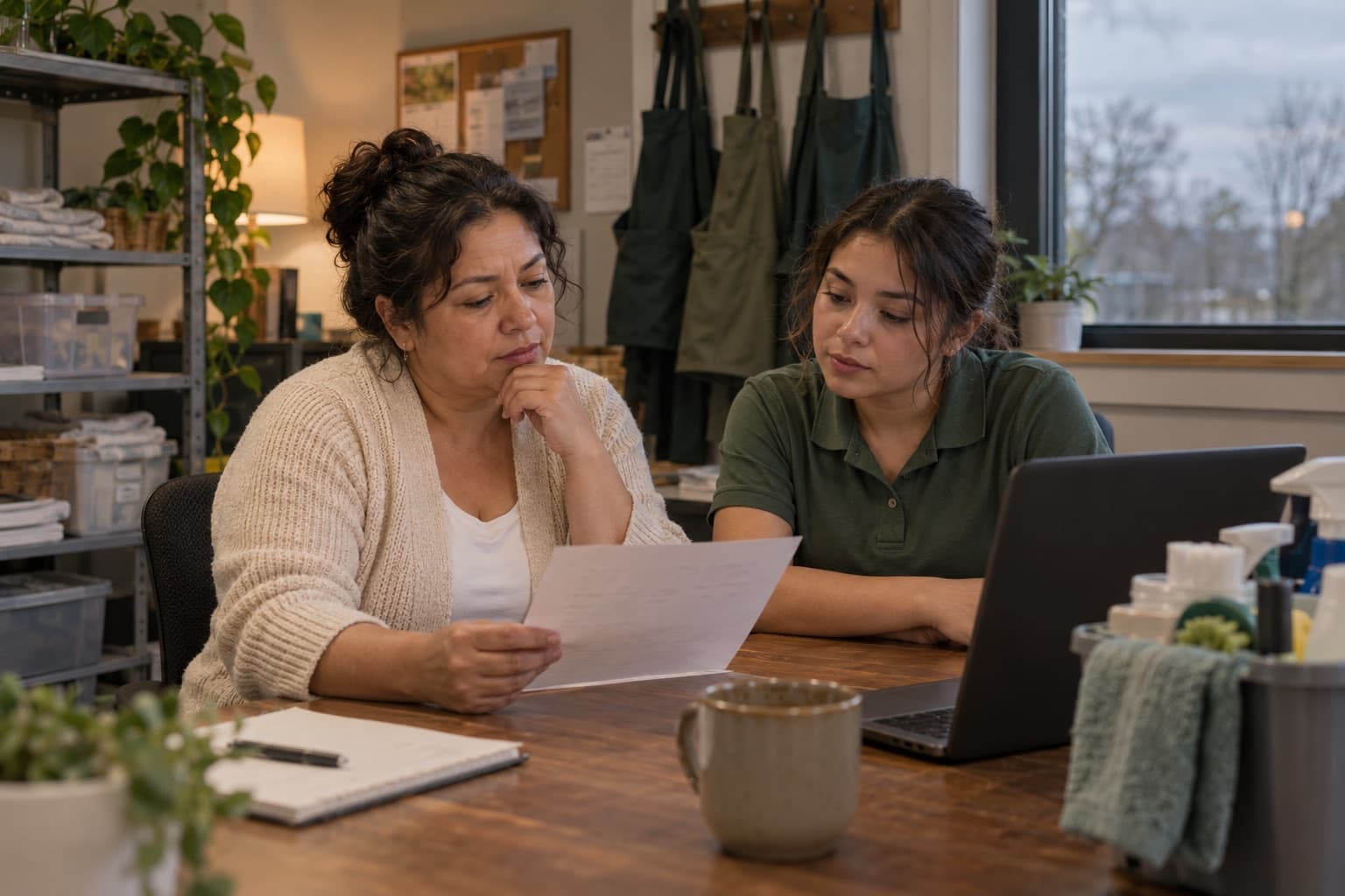 Two women discuss a sheet of customer feedback in a cleaning business's back office.