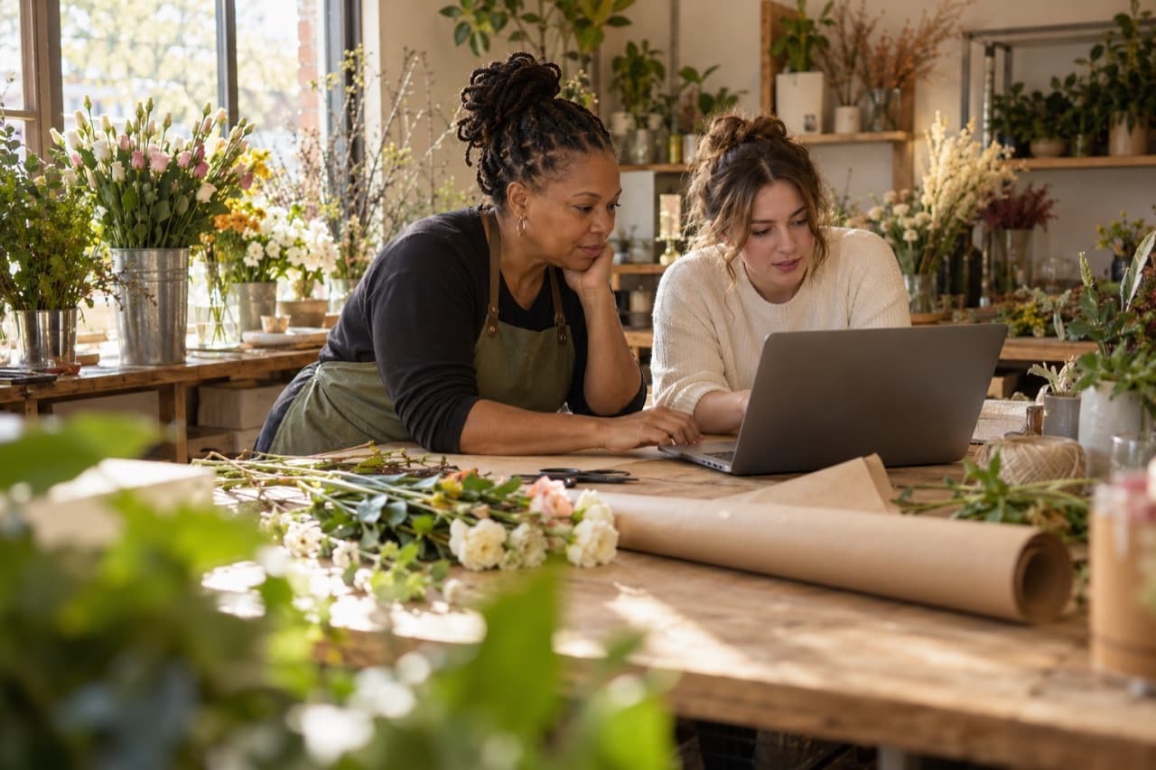 A shop owner and a designer review a laptop together at a florist's workbench.