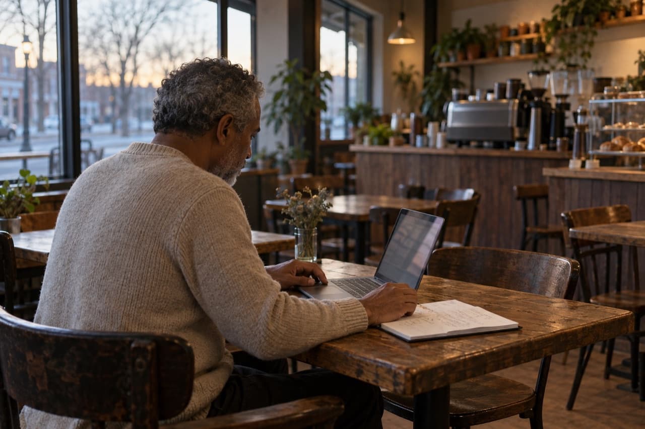 A cafe owner checks a laptop beside a handwritten notebook before opening.